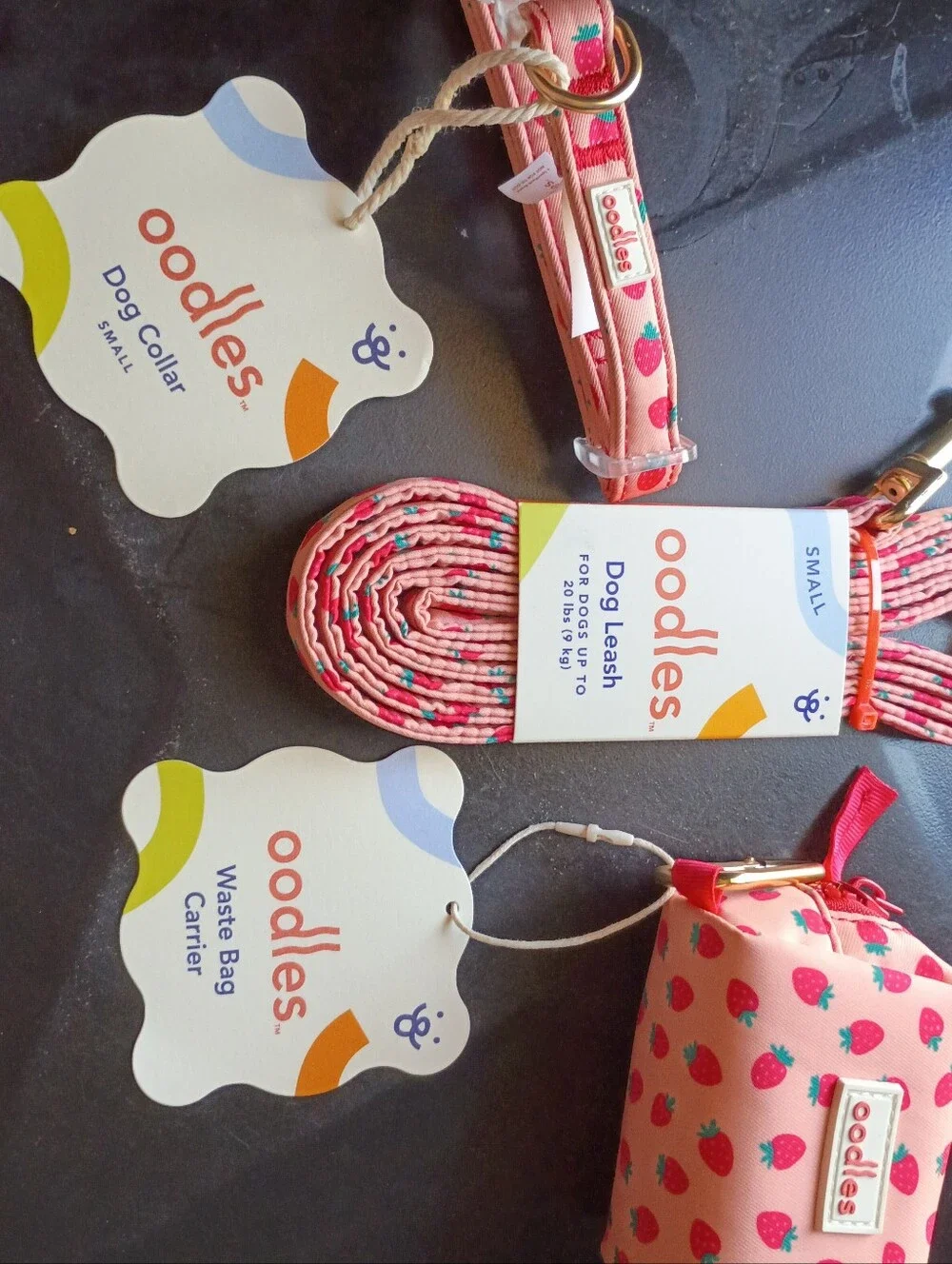 Oodles Pink Strawberry Pet Walking Set - Collar Leash Dispenser - Small